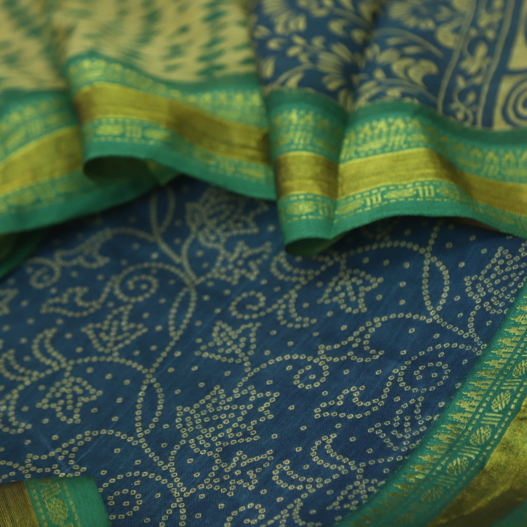 Aaradhaya Denim Blue Bandhani Printed Mangalgiri Hem Work Cotton Suit Set