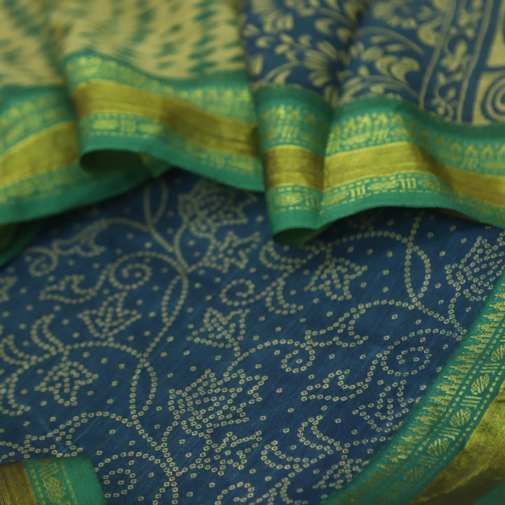 Aaradhaya Denim Blue Bandhani Printed Mangalgiri Hem Work Cotton Suit Set