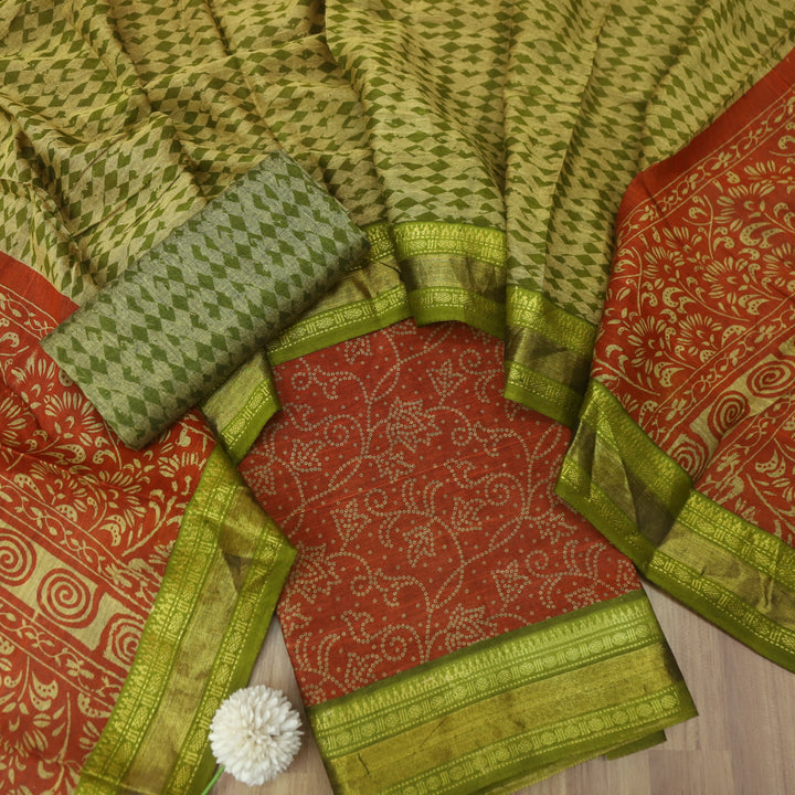 Aaradhaya Rust Orange Bandhani Printed Mangalgiri Hem Work Cotton Suit Set