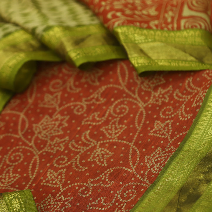 Aaradhaya Rust Orange Bandhani Printed Mangalgiri Hem Work Cotton Suit Set
