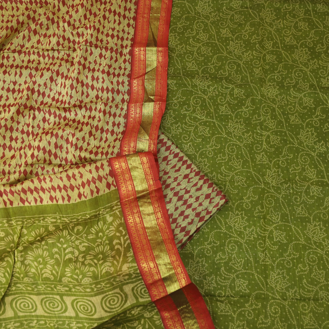 Aaradhaya Grasshopper Green Bandhani Printed Mangalgiri Hem Work Cotton Suit Set