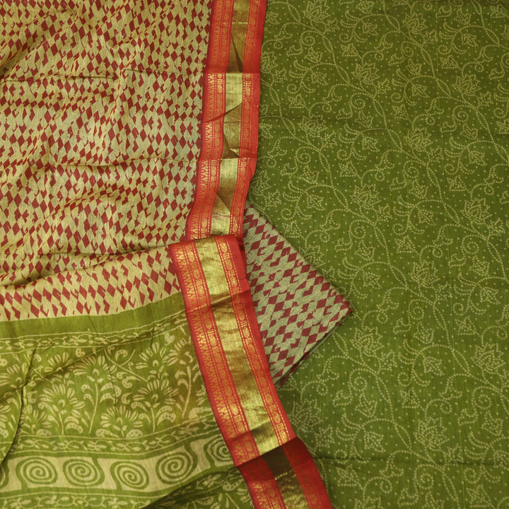 Aaradhaya Grasshopper Green Bandhani Printed Mangalgiri Hem Work Cotton Suit Set