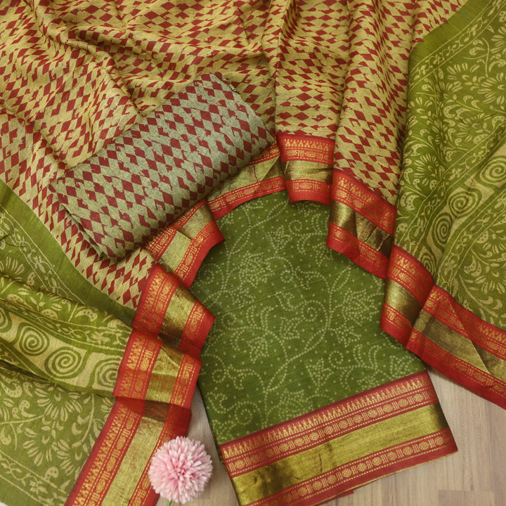 Aaradhaya Grasshopper Green Bandhani Printed Mangalgiri Hem Work Cotton Suit Set