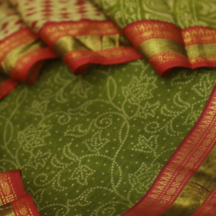 Aaradhaya Grasshopper Green Bandhani Printed Mangalgiri Hem Work Cotton Suit Set