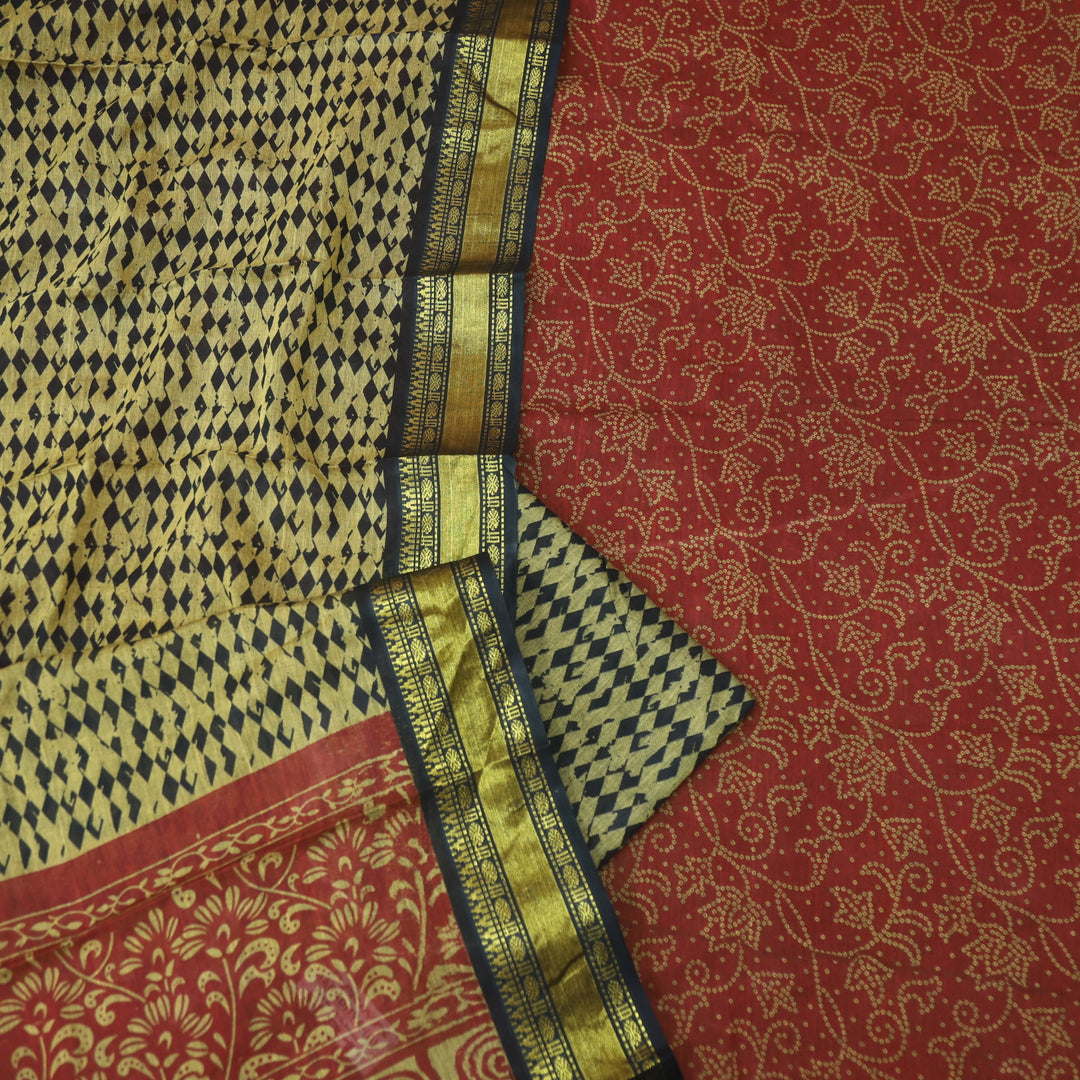 Aaradhaya Ruby Red Bandhani Printed Mangalgiri Hem Work Cotton Suit Set