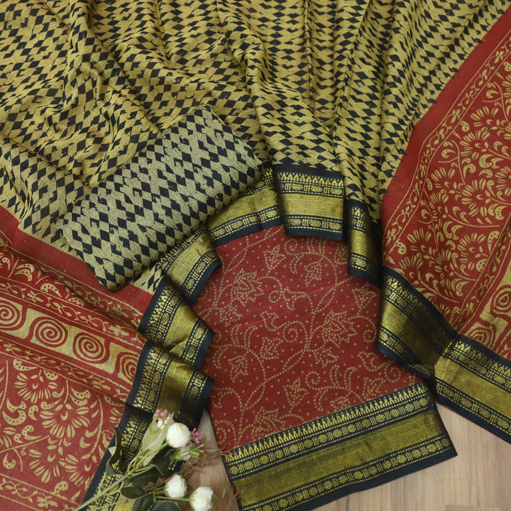 Aaradhaya Ruby Red Bandhani Printed Mangalgiri Hem Work Cotton Suit Set