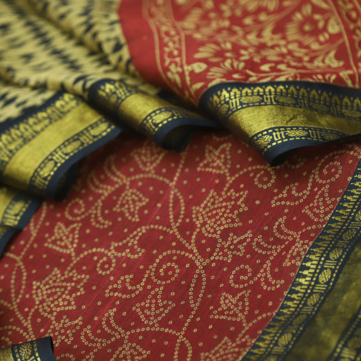 Aaradhaya Ruby Red Bandhani Printed Mangalgiri Hem Work Cotton Suit Set