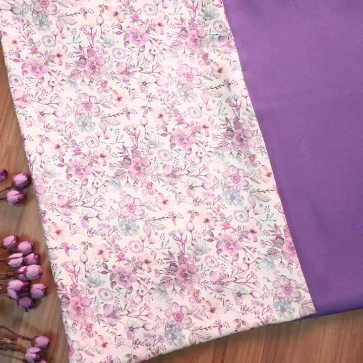 इश्किया White with Lilac Floral Print Premium Semi Pashmina 2 Piece Fabric Set