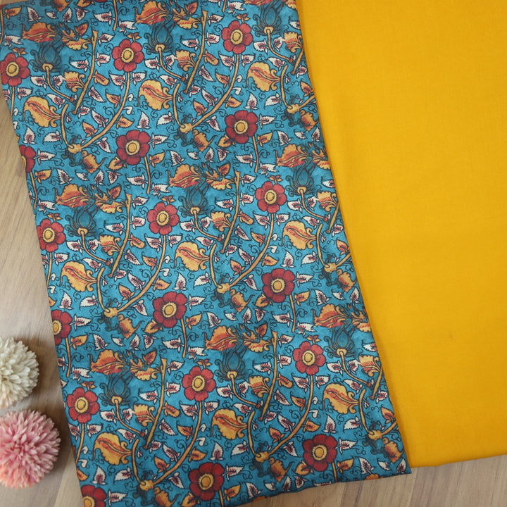 Narzia Blue Kalamkari Print with Yellow Premium Semi Pashmina 2 Piece Fabric Set