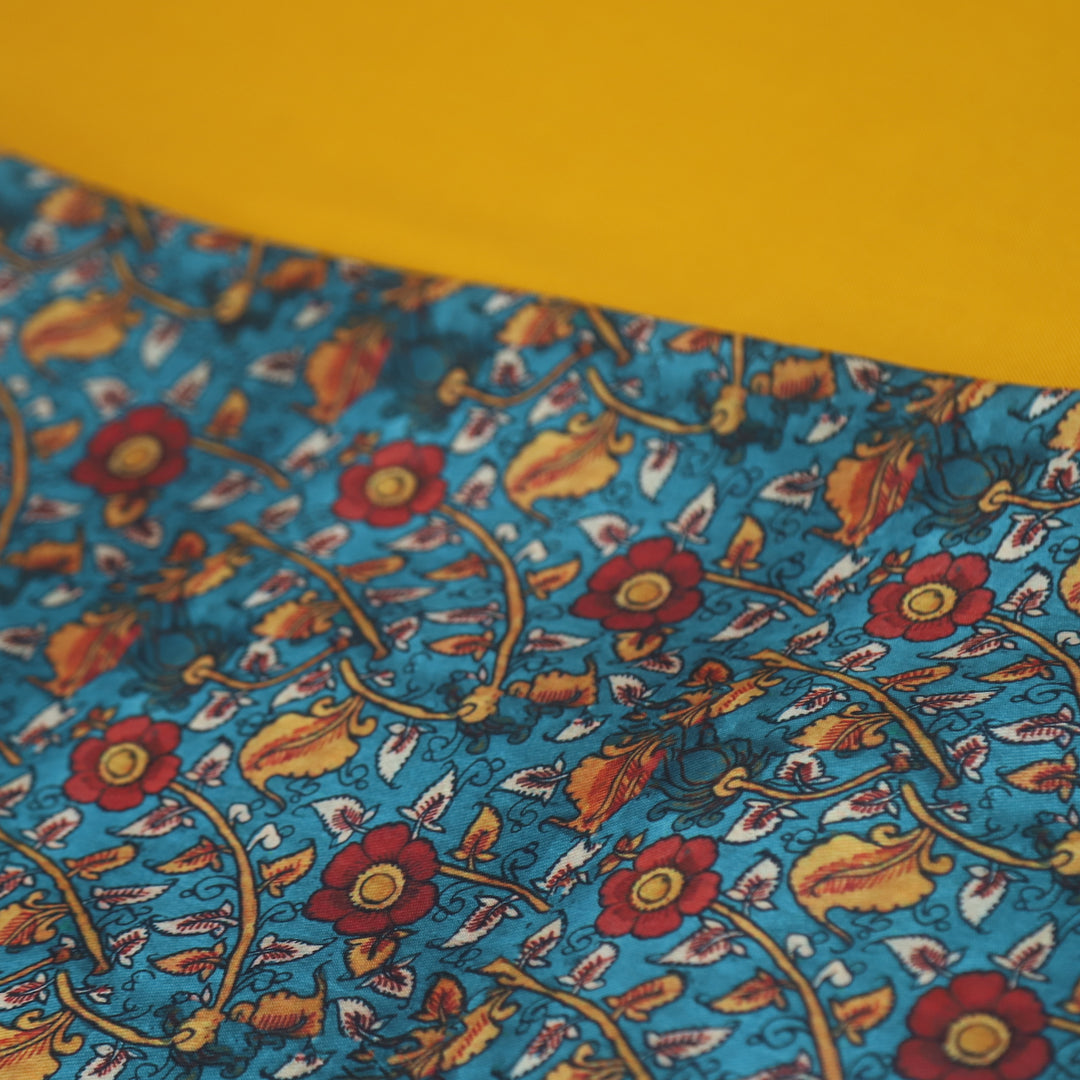 Narzia Blue Kalamkari Print with Yellow Premium Semi Pashmina 2 Piece Fabric Set