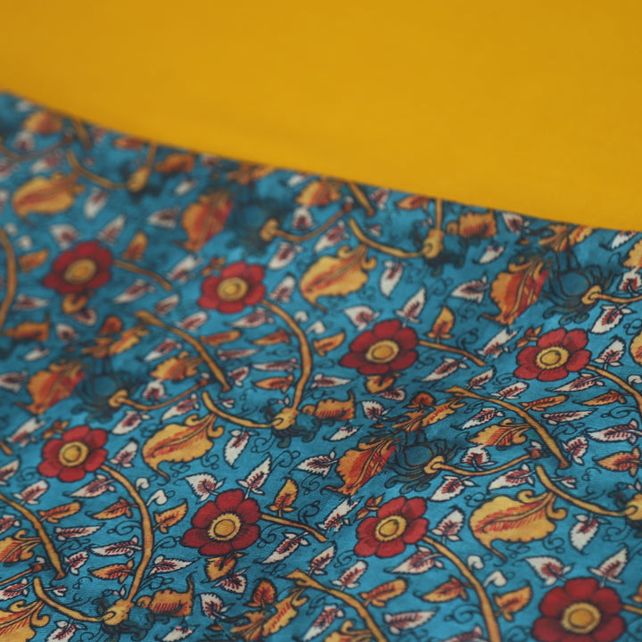 Narzia Blue Kalamkari Print with Yellow Premium Semi Pashmina 2 Piece Fabric Set