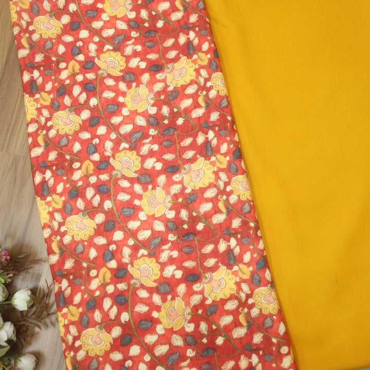 Narzia Orange Kalamkari Print with Yellow Premium Semi Pashmina 2 Piece Fabric Set