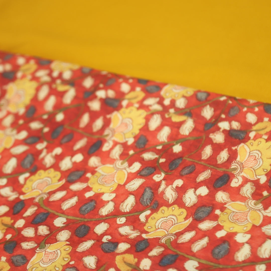 Narzia Orange Kalamkari Print with Yellow Premium Semi Pashmina 2 Piece Fabric Set