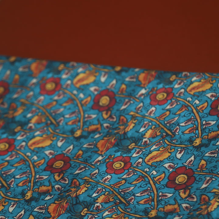 Narzia Blue Kalamkari Print with Rust Red Premium Semi Pashmina 2 Piece Fabric