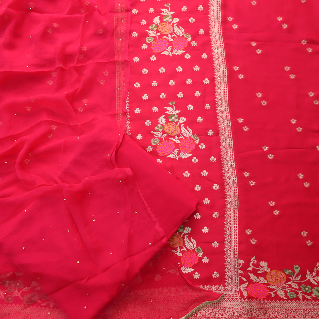 Chandni Rani Pink All Over Zari Work with Thread Weaved Dola Silk Suit Set