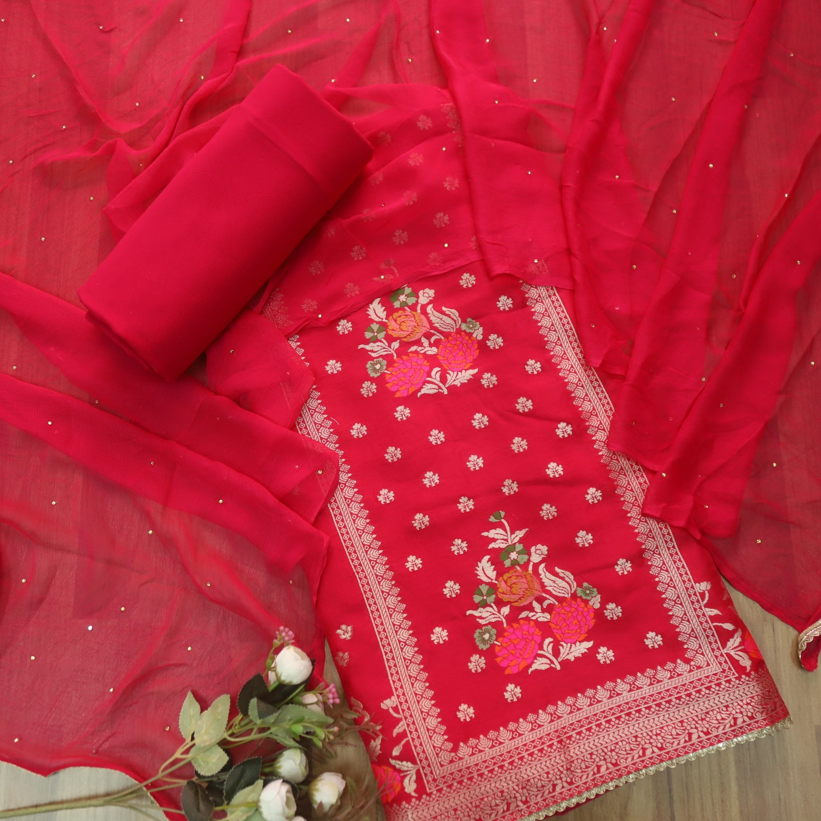 Chandni Rani Pink All Over Zari Work with Thread Weaved Dola Silk Suit ...