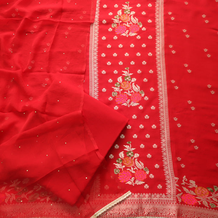 Chandni Tomato Red All Over Zari Work with Thread Weaved Dola Silk Suit Set