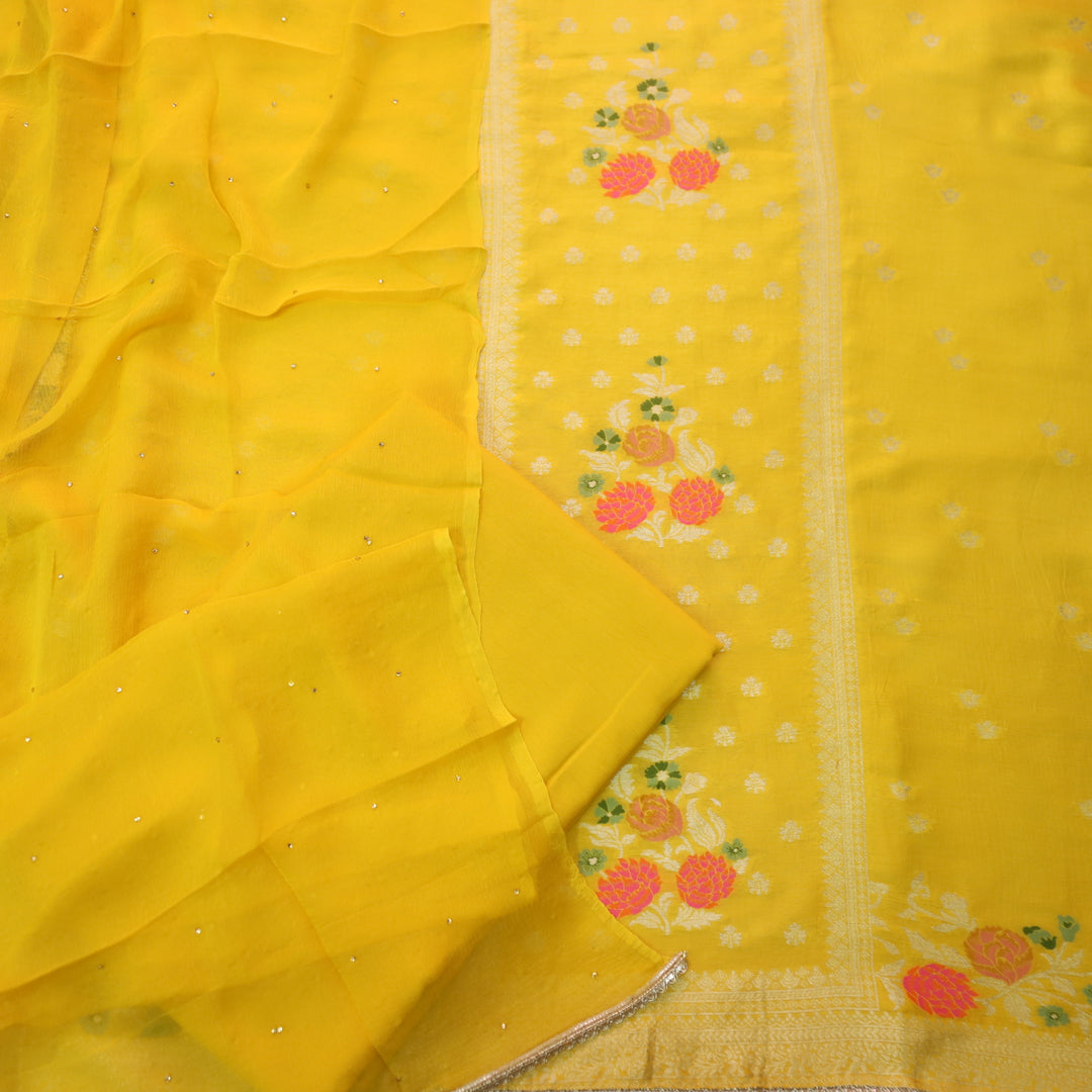 Chandni Bright Yellow All Over Zari Work with Thread Weaved Dola Silk Suit Set