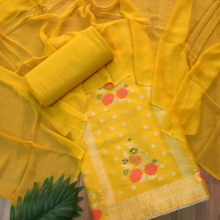 Chandni Bright Yellow All Over Zari Work with Thread Weaved Dola Silk Suit Set