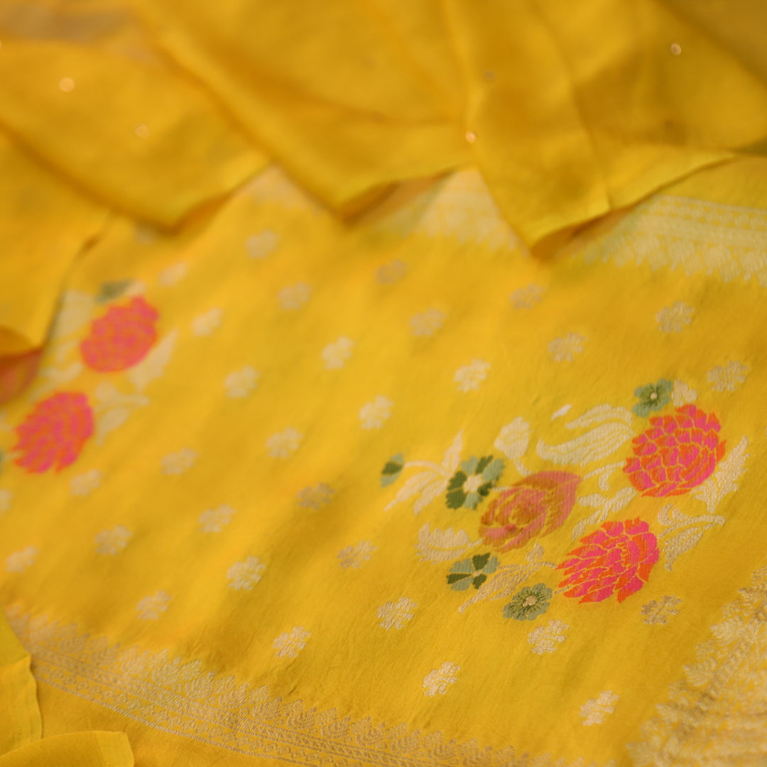 Chandni Bright Yellow All Over Zari Work with Thread Weaved Dola Silk Suit Set