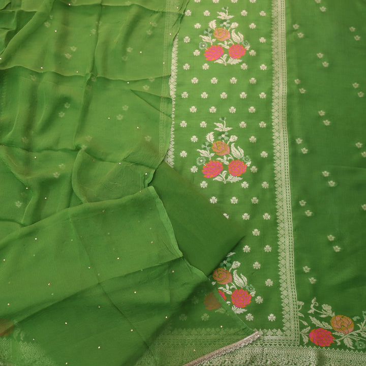 Chandni Parrot Green All Over Zari Work with Thread Weaved Dola Silk Suit Set