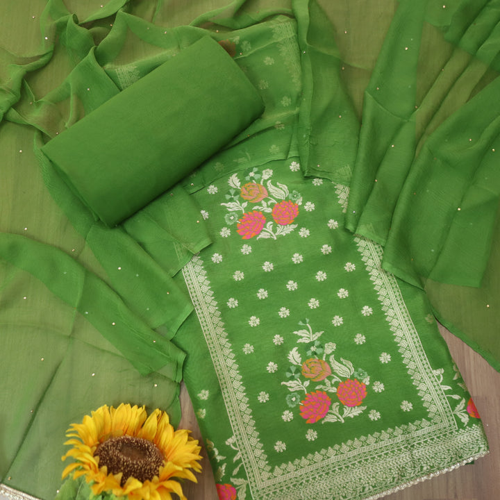 Chandni Parrot Green All Over Zari Work with Thread Weaved Dola Silk Suit Set