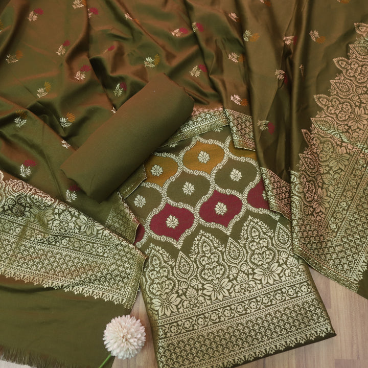 दर्शनी Olive Green All Over Zari Weaved Semi Pashmina Winter Set