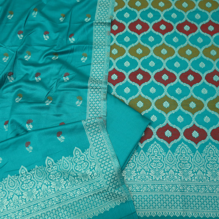 दर्शनी Aqua Cyan Teal All Over Zari Weaved Semi Pashmina Winter Set