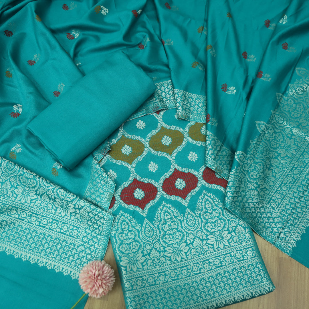 दर्शनी Aqua Cyan Teal All Over Zari Weaved Semi Pashmina Winter Set