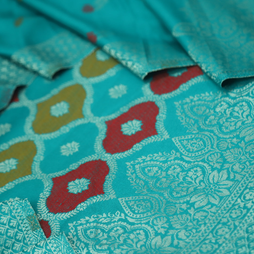 दर्शनी Aqua Cyan Teal All Over Zari Weaved Semi Pashmina Winter Set