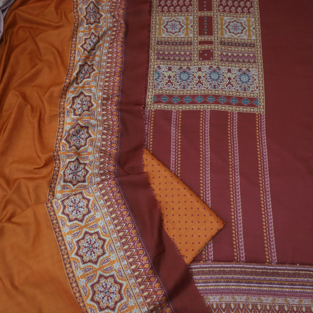 सुनहरी Cherry Maroon Ajrak Placement Printed Semi Pashmina Winter Set