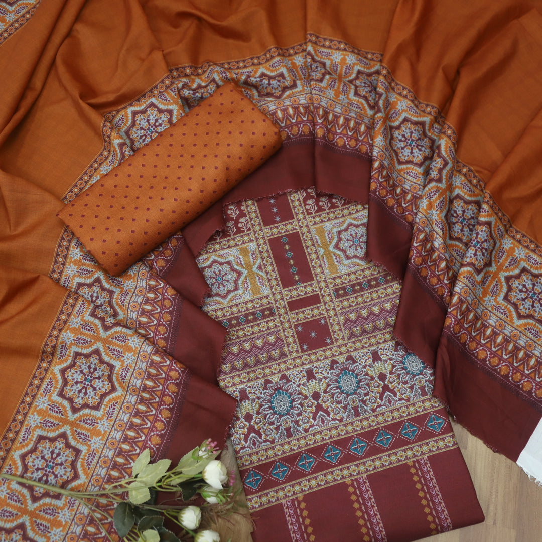 सुनहरी Cherry Maroon Ajrak Placement Printed Semi Pashmina Winter Set