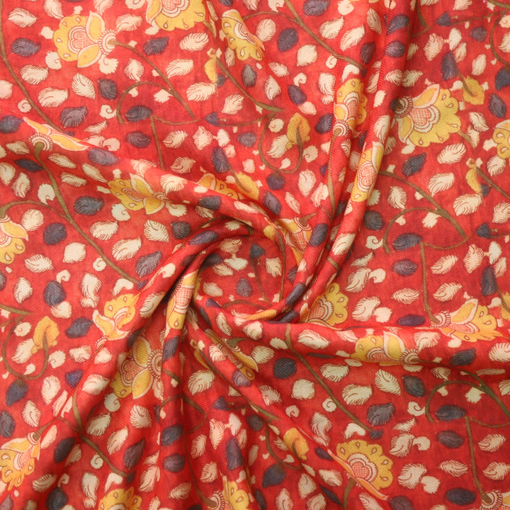 Humsafar Orange Kalamkari Printed Premium Semi Pashmina Fabric-2.5 Mtr