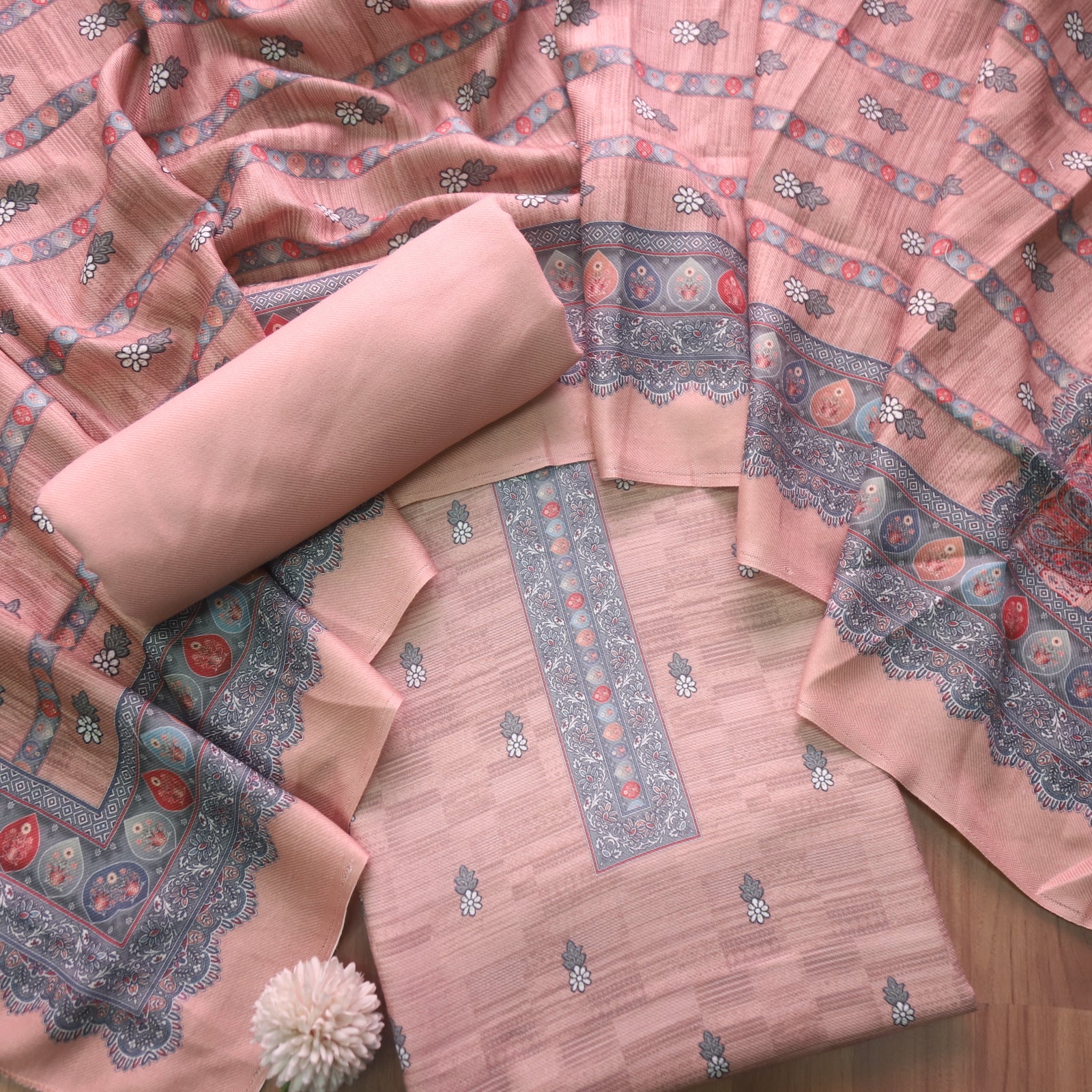 Darshani Light Peach Digital Floral Printed Semi Pashmina Suit Set ...