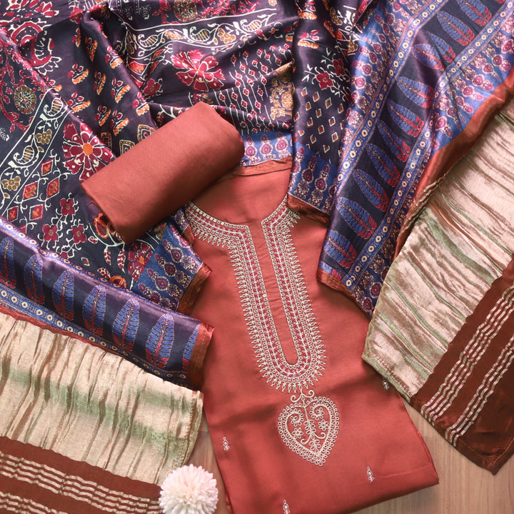 Darshaani Faded Rusty Orange Zari Embellish Neck Work Russian Silk Suit Set