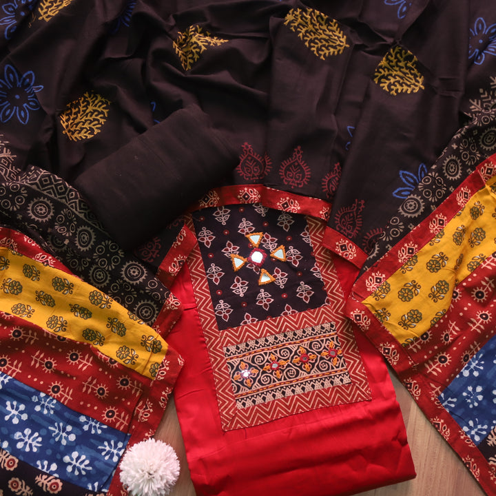 Darshaani Cherry Red Kutch Fusion Neck Patch Glazed Cotton Suit Set