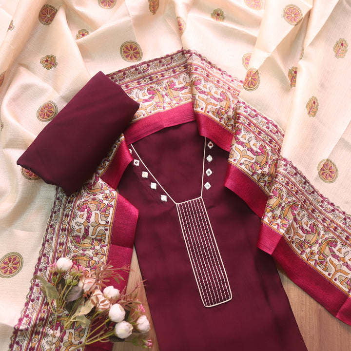 Rukshat Cranberry Wine Running Thread with Mirror Work Roman Silk Set