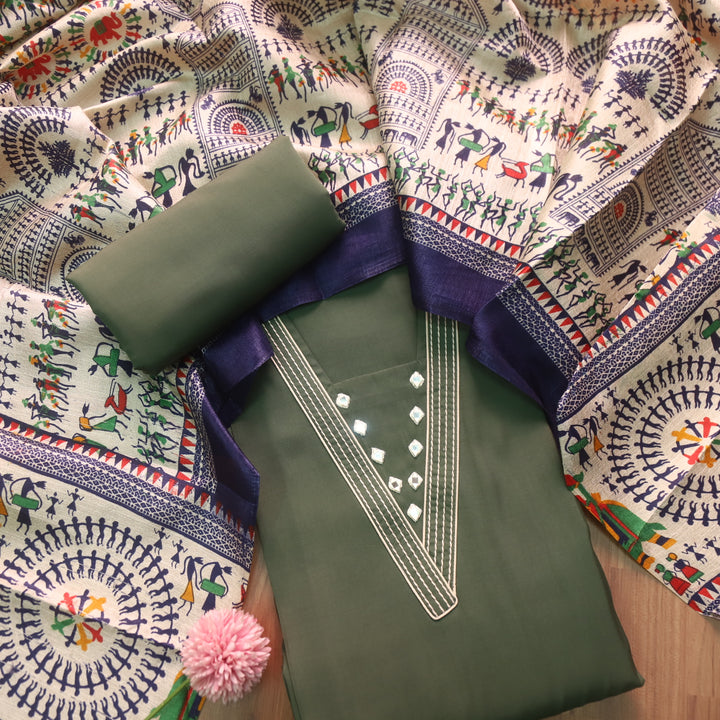Rukshat Olive Green Running Thread Work Roman Silk Suit Set