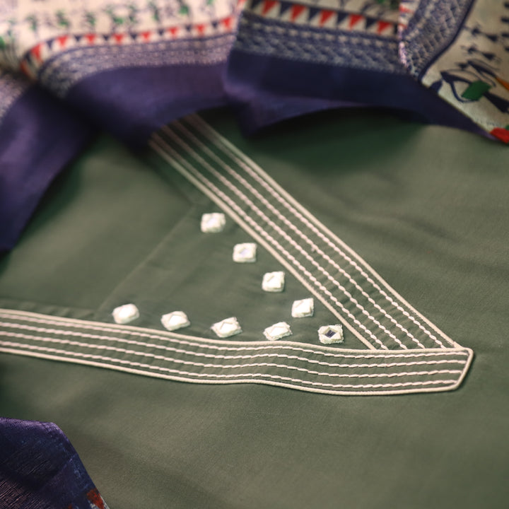 Rukshat Olive Green Running Thread Work Roman Silk Suit Set