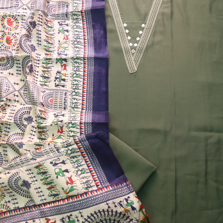 Rukshat Olive Green Running Thread Work Roman Silk Suit Set
