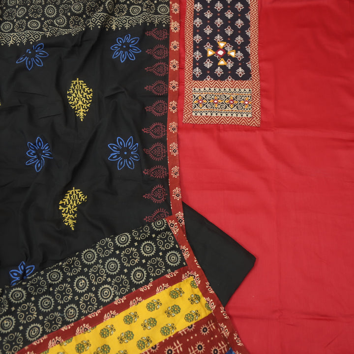 Darshaani Cherry Red Kutch Fusion Neck Patch Glazed Cotton Suit Set