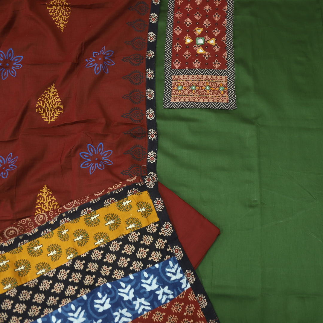 Darshaani Grass Green Kutch Fusion Neck Patch Glazed Cotton Suit Set