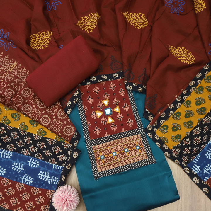 Darshaani Cerulean Blue Kutch Fusion Neck Patch Glazed Cotton Suit Set