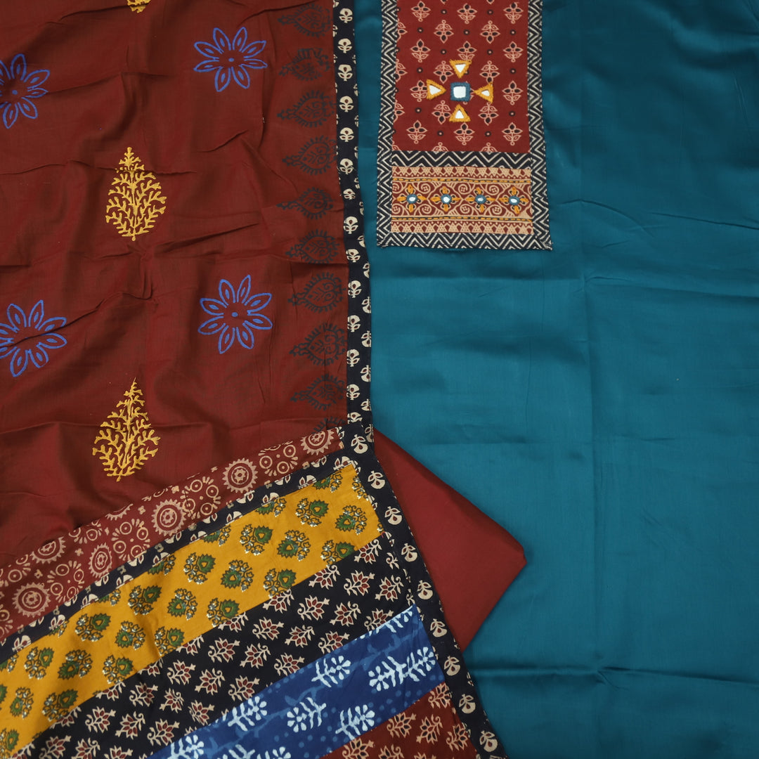 Darshaani Cerulean Blue Kutch Fusion Neck Patch Glazed Cotton Suit Set