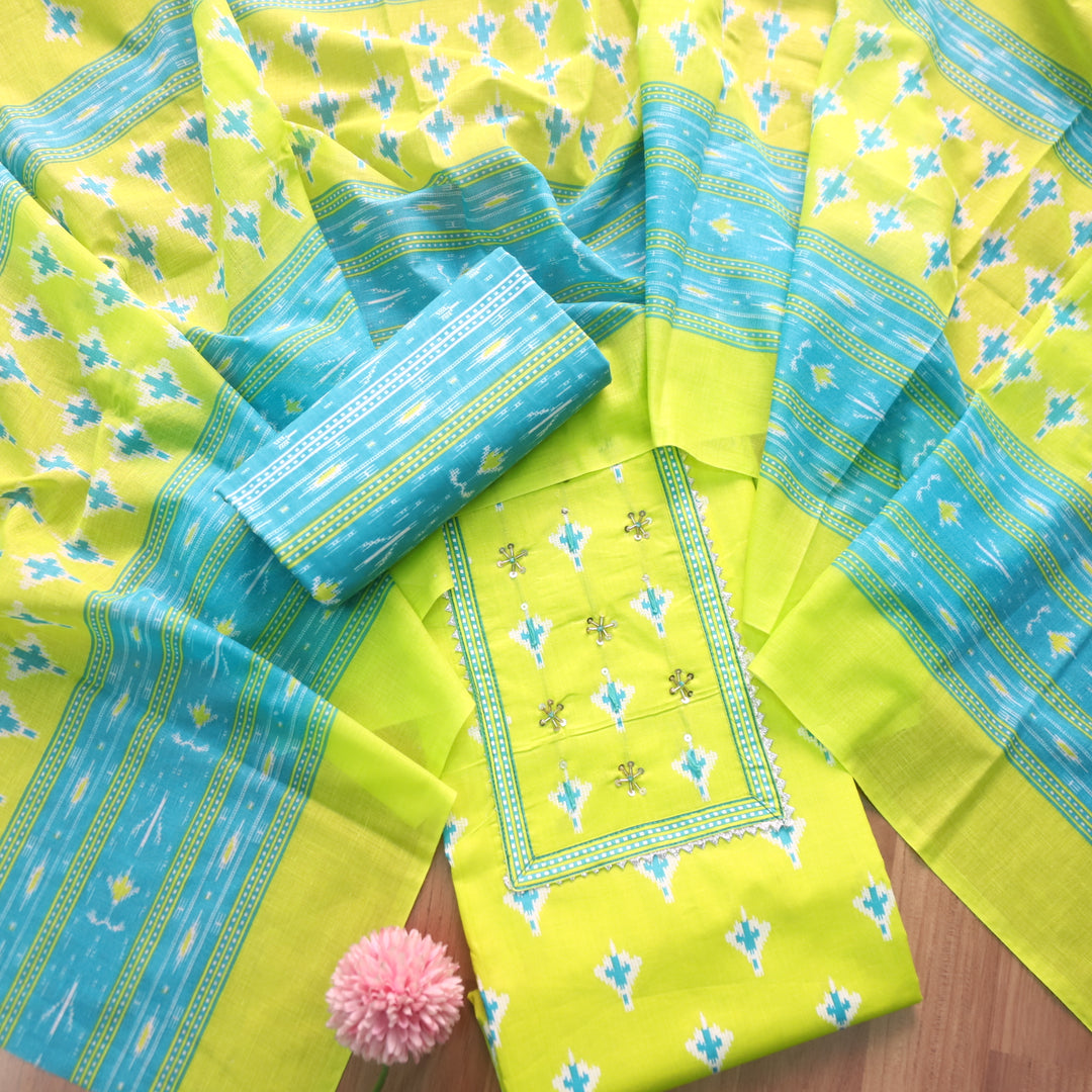 Riwa Neon Green Kardana Detailing Digital Printed Cotton Suit Set