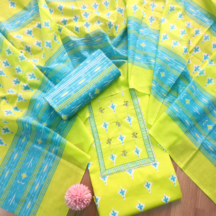 Riwa Neon Green Kardana Detailing Digital Printed Cotton Suit Set