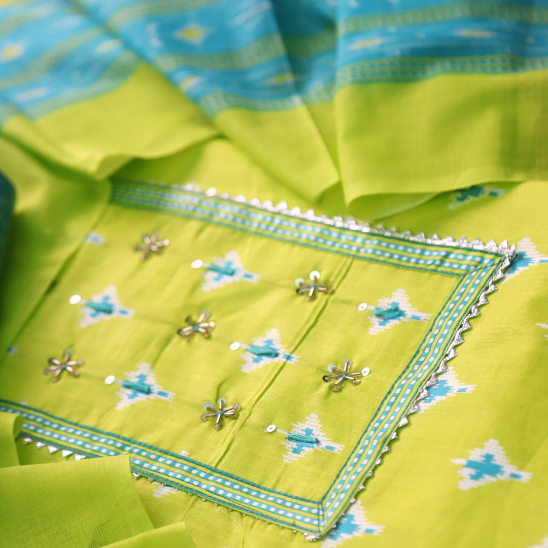 Riwa Neon Green Kardana Detailing Digital Printed Cotton Suit Set