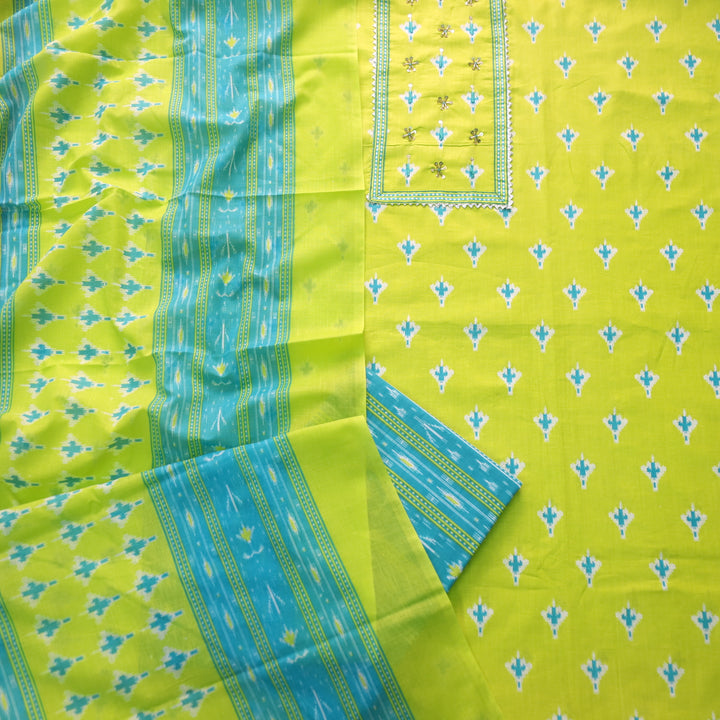 Riwa Neon Green Kardana Detailing Digital Printed Cotton Suit Set