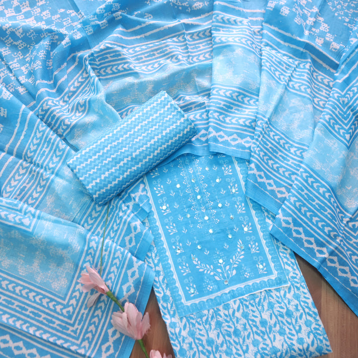 Riwa Dodger Blue Patra Detailing Floral Printed Cotton Suit Set D2