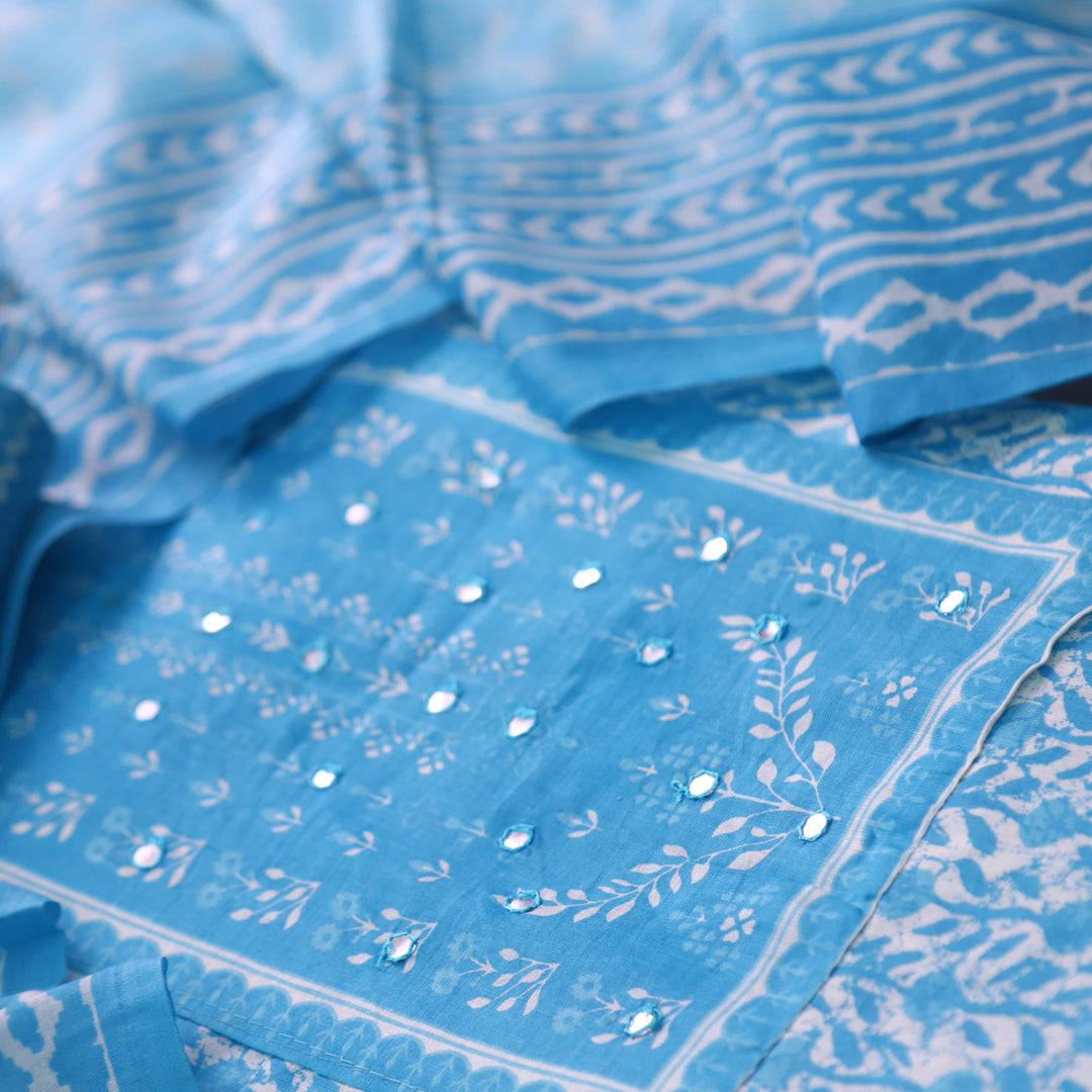 Riwa Dodger Blue Patra Detailing Floral Printed Cotton Suit Set D2